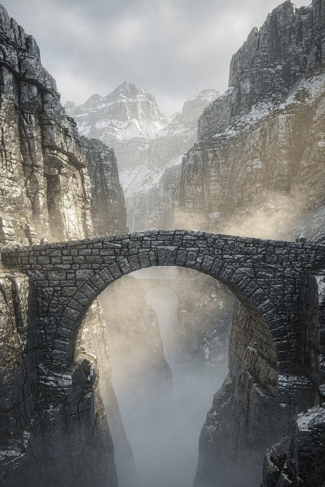 Stone bridge across a mountain gorge, symbolizing strategy connected to execution.