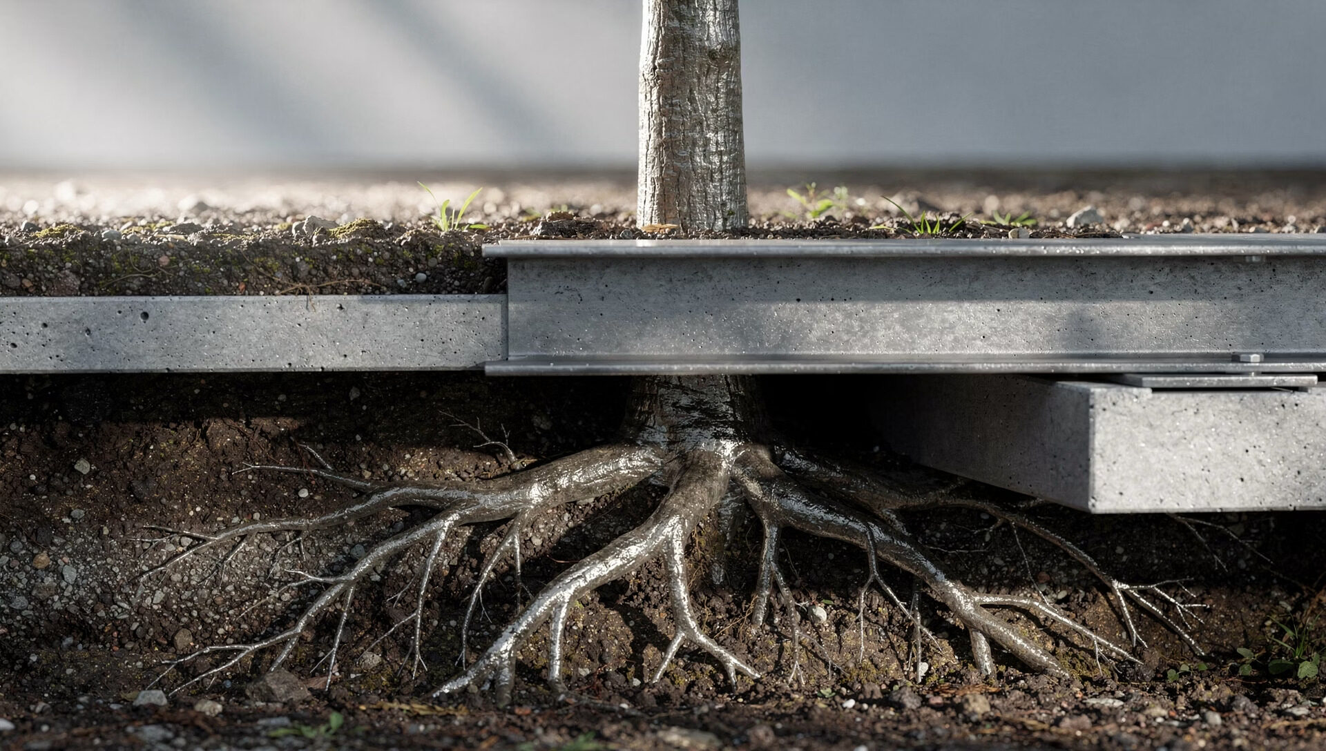 Tree roots crossing concrete and steel, symbolizing the operating logic that must survive rigid structures.